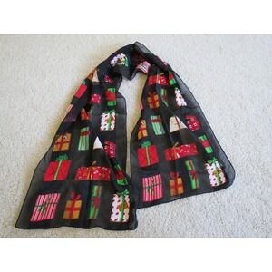 Elaine Gold Collection Christmas Presents Scarf Black Sheer Holiday Gift Print